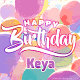 A vibrant name GIF featuring colorful balloons in shades of pink, orange, and yellow with the bold text 'Happy Birthday Keya' in festive fonts, creating a lively birthday vibe.