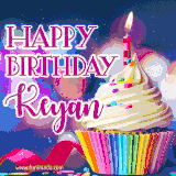 A festive animated GIF featuring a colorful cupcake with a single lit candle, sprinkles, and 'Happy Birthday Keyan' text against a sparkling, celebratory background.