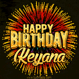 Golden 'Happy Birthday Keyana' text accompanied by animated rainbow fireworks for a festive animated greeting.