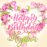 A stunning heart made of pink roses surrounds the elegant script text 'Happy Birthday Keyana' on a soft beige background. Animated sparkles add a magical and festive feel.