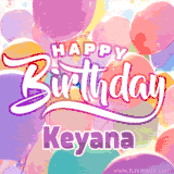 A vibrant name GIF featuring colorful balloons in shades of pink, orange, and yellow with the bold text 'Happy Birthday Keyana' in festive fonts, creating a lively birthday vibe.