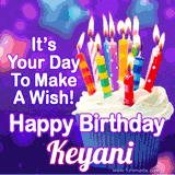 A colorful birthday GIF for Keyani featuring a cupcake with vibrant lit candles and the text 'It's Your Day to Make a Wish! Happy Birthday Keyani' in bold letters on a festive purple background.