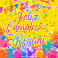A bright and festive GIF with the text 'Feliz Cumpleaños Keyani' in Spanish in colorful fonts, surrounded by confetti, balloons, and festive banners on a vibrant yellow background.
