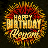 Golden 'Happy Birthday Keyani' text accompanied by animated rainbow fireworks for a festive animated greeting.
