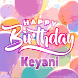 A vibrant name GIF featuring colorful balloons in shades of pink, orange, and yellow with the bold text 'Happy Birthday Keyani' in festive fonts, creating a lively birthday vibe.