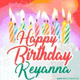 Bright birthday candles with rainbow flames on a cake, alongside the text 'Happy Birthday Keyanna' in vibrant script in this celebratory animated GIF.