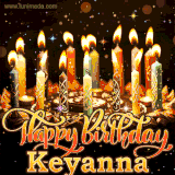 A glowing personalized birthday GIF with name Keyanna featuring lit candles with intricate designs, warm lighting, and the text 'Happy Birthday' in an elegant font.