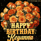 Animated bouquet of orange roses with moving butterfles and golden 'Happy Birthday Keyanna' text, surrounded by sparkling accents and a dark backdrop for a luxurious feel.