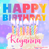 A vibrant animated name GIF with the words 'Happy Birthday Keyanna' with colorful candles on a creamy cake. The background sparkles with pastel shades, adding a festive touch.