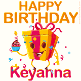 A vibrant and funny gift box character with a happy face dancing with a cupcake and the text 'Happy Birthday Keyanna,' surrounded by animated confetti and party vibes.