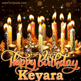 A glowing personalized birthday GIF with name Keyara featuring lit candles with intricate designs, warm lighting, and the text 'Happy Birthday' in an elegant font.