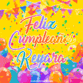 A bright and festive GIF with the text 'Feliz Cumpleaños Keyara' in Spanish in colorful fonts, surrounded by confetti, balloons, and festive banners on a vibrant yellow background.