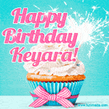 A festive cupcake with pink icing, a gingham bow, and a lit animated sparkler, paired with 'Happy Birthday Keyara!' in bright pink text.