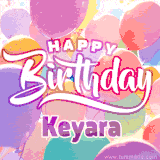 A vibrant name GIF featuring colorful balloons in shades of pink, orange, and yellow with the bold text 'Happy Birthday Keyara' in festive fonts, creating a lively birthday vibe.