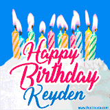 A cheerful animated GIF featuring colorful lit birthday candles on a white cake, with the text 'Happy Birthday Keyden' in bold red and blue script on a bright blue background.