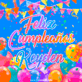 A vibrant animated GIF with 'Feliz Cumpleaños Keyden' written in colorful script, surrounded by balloons, confetti, and bunting on a bright blue background.