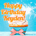 A cheerful animated GIF of a cupcake with creamy frosting, a red checkered ribbon, and a bright sparkler on top. The text 'Happy Birthday Keyden!' is displayed in vibrant orange and red.
