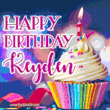 A festive animated GIF featuring a colorful cupcake with a single lit candle, sprinkles, and 'Happy Birthday Keyden' text against a sparkling, celebratory background.