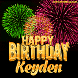 A captivating GIF with bursts of green, pink, and orange fireworks lighting up the night sky, accompanied by 'Happy Birthday Keyden' in glowing golden text.