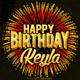 Golden 'Happy Birthday Keyla' text accompanied by animated rainbow fireworks for a festive animated greeting.