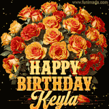 Animated bouquet of orange roses with moving butterfles and golden 'Happy Birthday Keyla' text, surrounded by sparkling accents and a dark backdrop for a luxurious feel.