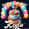 Hand-drawn happy birthday cake adorned with an arch of colorful balloons - name GIF for Keyla
