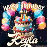 Bright birthday animation for Keyla with a chocolate cake, candles, balloons, and glowing celebratory lights.