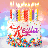 A cheerful white birthday cake with multicolor sprinkles, lit candles, and 'Keyla' written in vibrant letters, in an animated GIF.