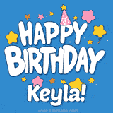 Colorful animated birthday card with the text 'HAPPY BIRTHDAY Keyla!' in a white playful font surrounded by stars, hearts, and a party hat on a blue background.