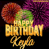 A golden 'Happy Birthday Keyla' message with vibrant fireworks in the background, creating a festive and celebratory vibe in this animated name GIF.
