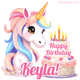 An adorable animated unicorn with soft pastel colors sits beside a birthday cake with glowing candles, and a pink 'Happy Birthday Keyla!' words.