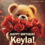 Cinematic style cute animated teddy bear with charming features holding a large bouquet of red roses, the words say 'Happy Birthday Keyla' in sans serif font.