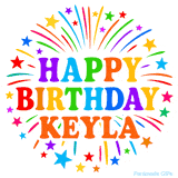 Happy Birthday Keyla' GIF with rainbow-colored letters, colorful stars, and fireworks on white background.