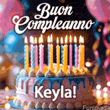 Birthday cake topped with pink and yellow lit candles, surrounded by glowing bokeh lights and party balloons. The greeting 'Buon Compleanno Keyla GIF!' is displayed.