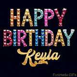 Vibrant luxury birthday greeting card for Keyla, showing glittering gemstone letters and golden calligraphy on a dark background with twinkling shine effects.