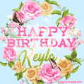 A charming animated GIF featuring 'Happy Birthday Keyla' in pink and green text, surrounded by delicate roses, leaves, and fluttering butterflies on a soft light blue pastel background.