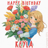 Bright floral birthday animation for Keyla showing a cute cartoon girl with golden hair and expressive eyes holding a huge bouquet, surrounded by birthday text.
