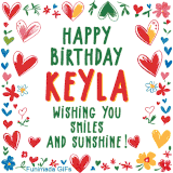 A colorful animated card for Keyla’s birthday featuring playful hearts, cheerful flowers, and a handwritten message wishing smiles and sunshine.