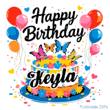 An animated birthday card for Keyla. It features a festive cake with her name, 'Keyla', and colorful butterflies. Floating balloons and hearts complete the joyful scene.
