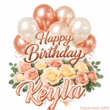 Classy Happy Birthday Keyla looping GIF with pastel balloons and greenery