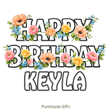 Beautiful moving colorful flowers decorating the Happy Birthday Keyla text