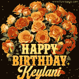 Animated bouquet of orange roses with moving butterfles and golden 'Happy Birthday Keylani' text, surrounded by sparkling accents and a dark backdrop for a luxurious feel.
