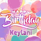 A vibrant name GIF featuring colorful balloons in shades of pink, orange, and yellow with the bold text 'Happy Birthday Keylani' in festive fonts, creating a lively birthday vibe.