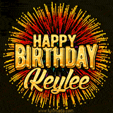 Golden 'Happy Birthday Keylee' text accompanied by animated rainbow fireworks for a festive animated greeting.