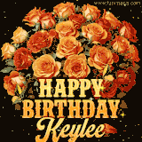 Animated bouquet of orange roses with moving butterfles and golden 'Happy Birthday Keylee' text, surrounded by sparkling accents and a dark backdrop for a luxurious feel.