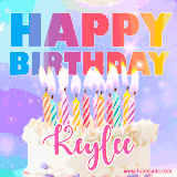 A vibrant animated name GIF with the words 'Happy Birthday Keylee' with colorful candles on a creamy cake. The background sparkles with pastel shades, adding a festive touch.