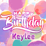 A vibrant name GIF featuring colorful balloons in shades of pink, orange, and yellow with the bold text 'Happy Birthday Keylee' in festive fonts, creating a lively birthday vibe.