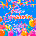 A vibrant animated GIF with 'Feliz Cumpleaños Keyler' written in colorful script, surrounded by balloons, confetti, and bunting on a bright blue background.