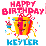 A funny animated birthday GIF with the words 'Happy Birthday Keylera', colorful gift box with arms and legs, holding a cupcake with a lit candle  with confetti everywhere.