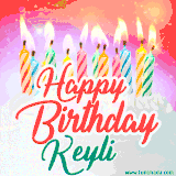 Bright birthday candles with rainbow flames on a cake, alongside the text 'Happy Birthday Keyli' in vibrant script in this celebratory animated GIF.